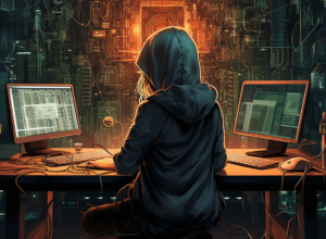 Kvinna som sitter framför dator