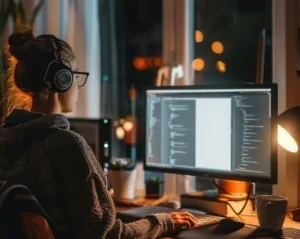 Shadow AI -innebär risker för större företag och organisationer Kvinna på kvällen framför datorskärm