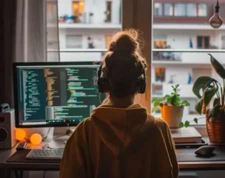 Kvinlig hacker raamför dator