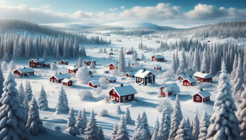 Fiktiv bild av Härjedalen i vintern med röda hus.