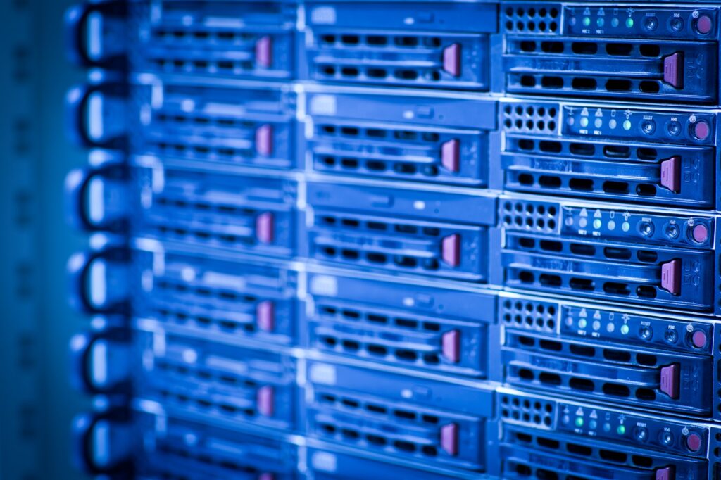 Server rack cluster in a data center (shallow DOF; color toned i