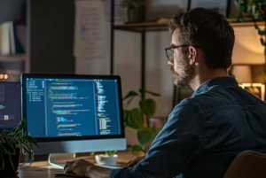 När alla börjar bygga program – databassäkerhet vid vibe-kodning Vibe koder framför datorn